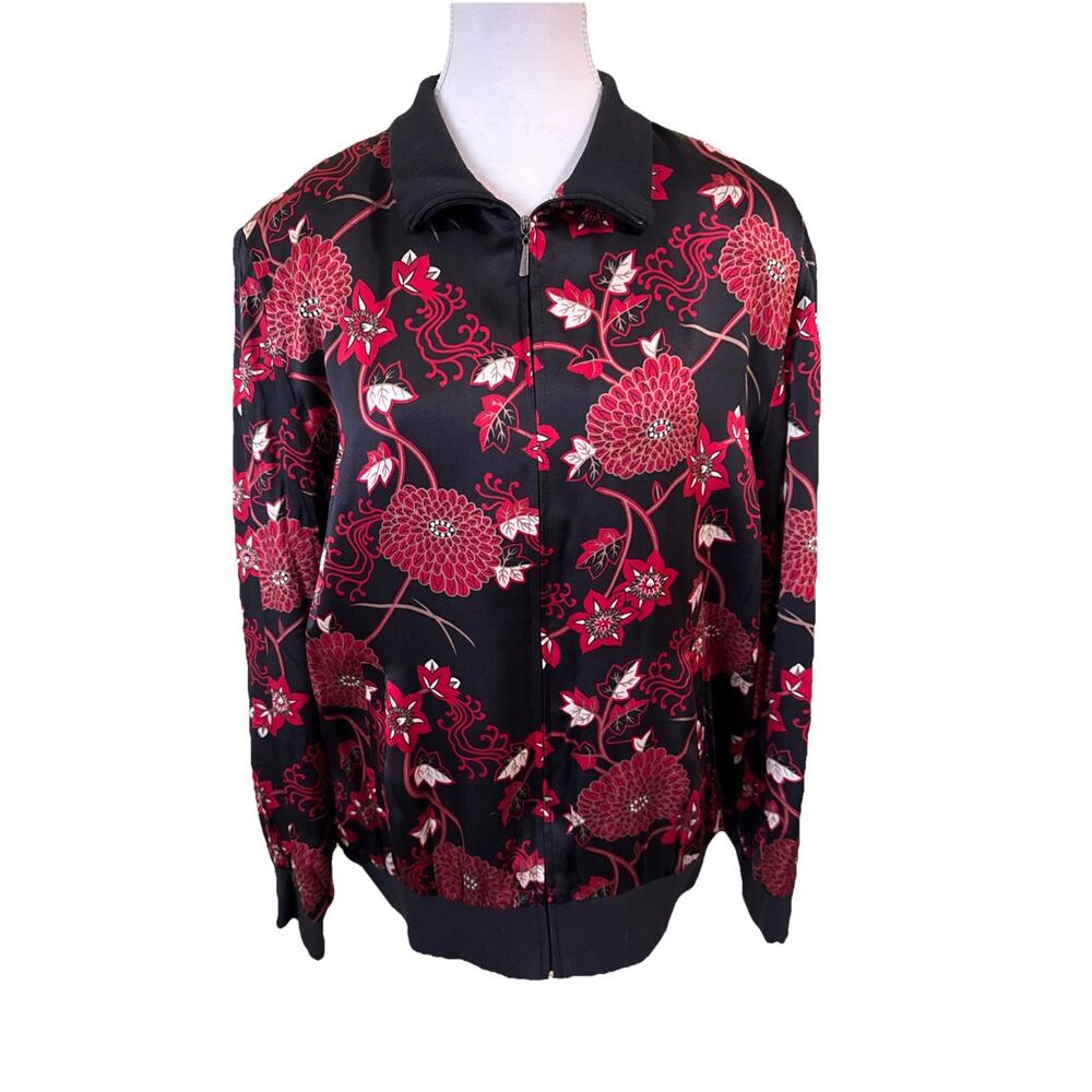 Notations Silk Floral Bomber Jacket Black & Red Asian-Inspired Botanical – Large